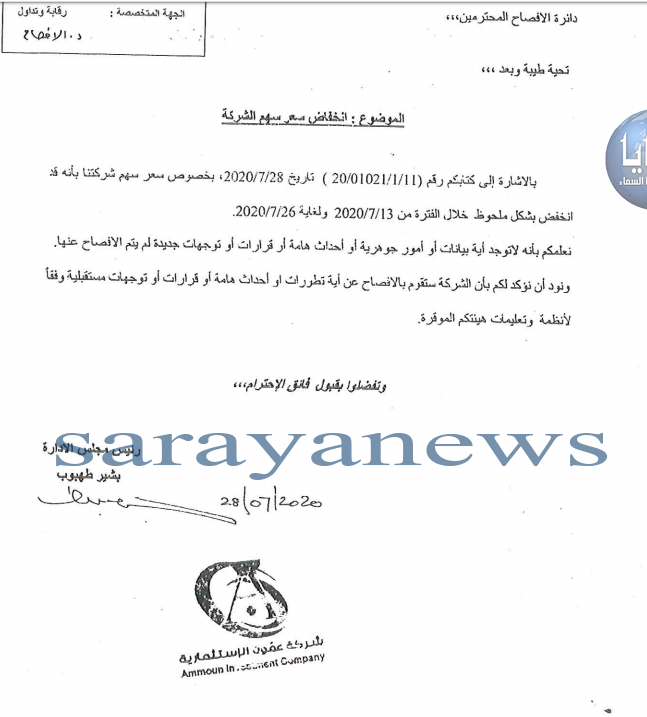 انخفاض ملحوظ لسعر سهم شركة عمّون الإستثمارية في تداولات بورصة عمّان ..  وثيقة