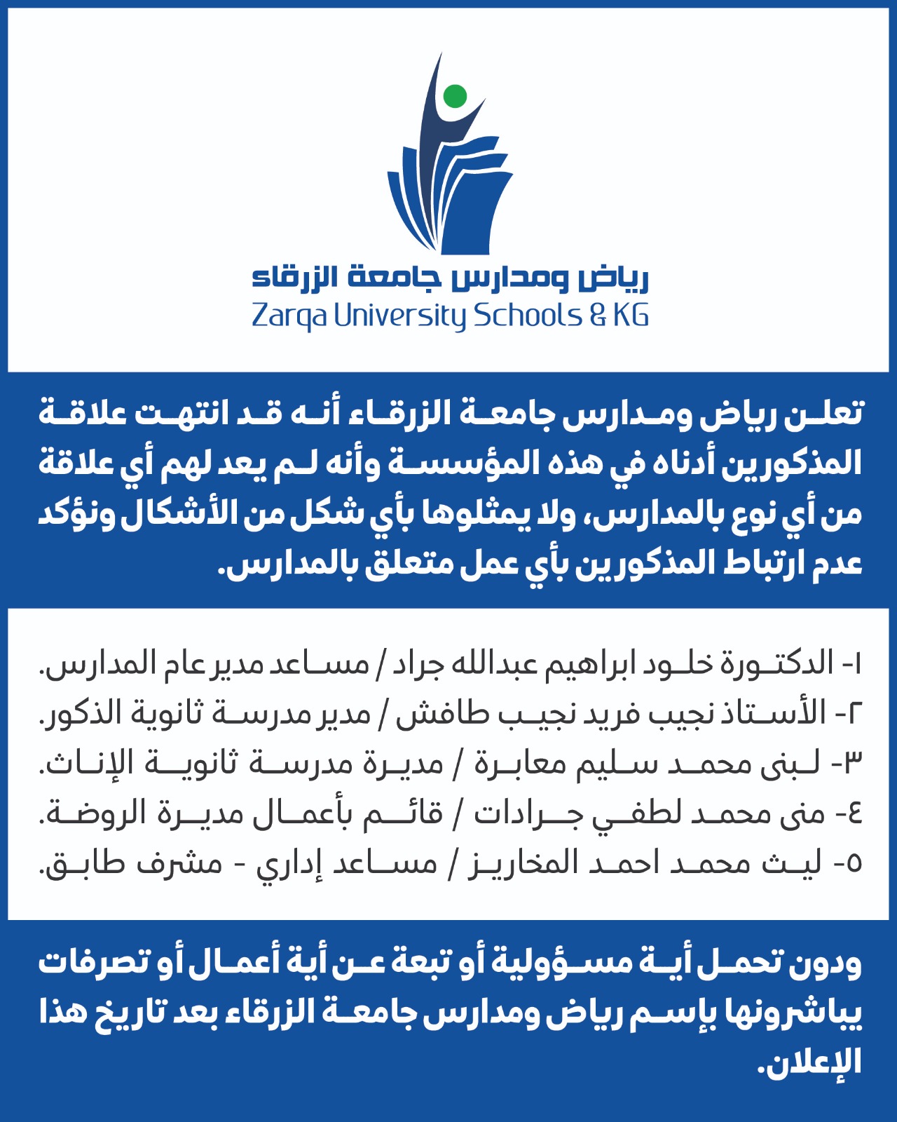 مدارس جامعة الزرقاء تعلن إنهاء علاقتها الوظيفية مع عدد من كوادرها الإدارية