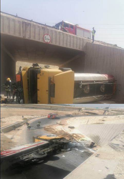 سقوط صهريج ديزل من اعلى جسر بالمفرق نتيجة تصادمه مع مركبة "ونش" 