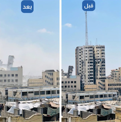 بالفيديو  ..  طائرات الاحتلال تدمر برج السوسي الذي يقطنه مئات النازحين في غزة