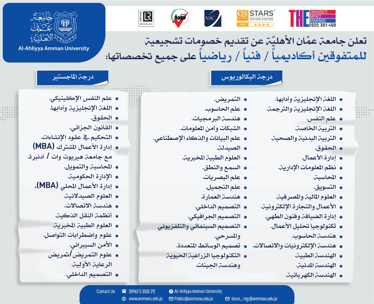 عمان الأهلية  تعلن عن تقديم خصومات تشجيعية للمتفوقين (أكاديمياً / فنياً / رياضياً) على جميع تخصصاتها