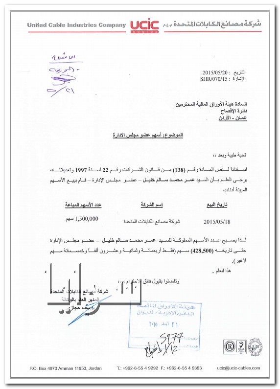 عضو مجلس ادارة شركة مصانع الكابلات المتحدة يبيع 1،500،000 سهما  .. وثيقة