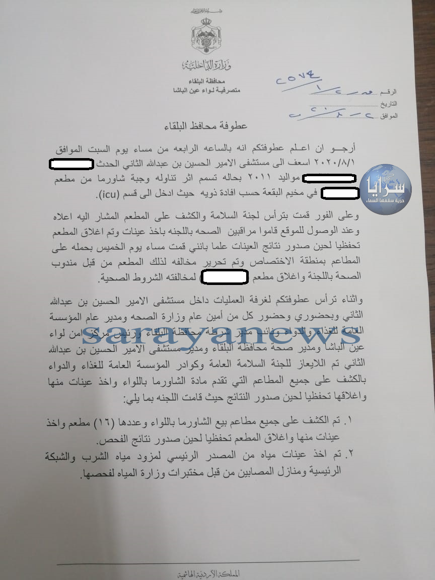 سرايا تحصل على تقرير متصرف عين الباشا الذي يكشف فيه سبب تسمم الشاورما