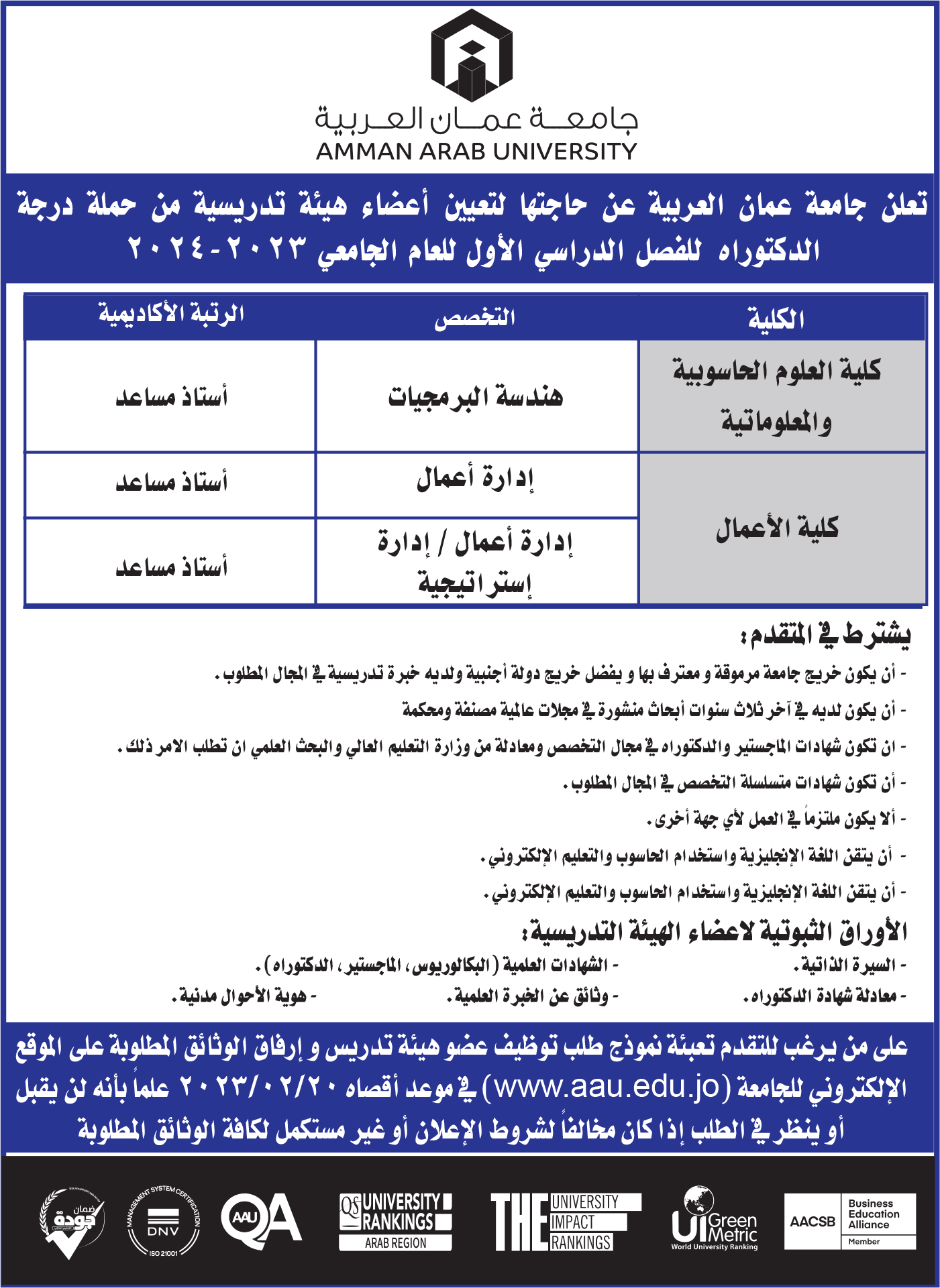 إعلان توظيف - جامعة عمان العربية