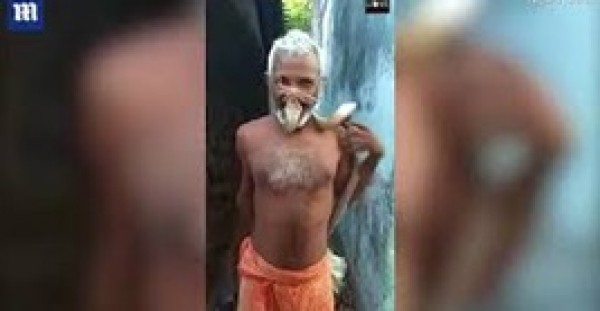 مشهد صادم لرجل يضع رأس كوبرا في فمه 