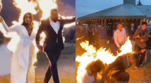 حادثة صادمة  ..  فيديو لعروسين يضرمان النار بأنفسهما خلال حفل زفافهما