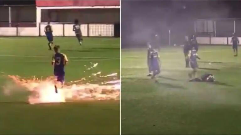 لاعب كرة قدم يتعرض لهجوم بالألعاب النارية  ..  فيديو