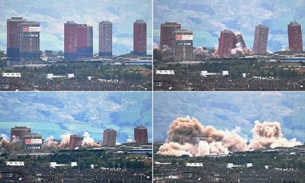 بالفيديو ..  سقوط 6 أبراج سكنية في 7 ثوانٍ فقط