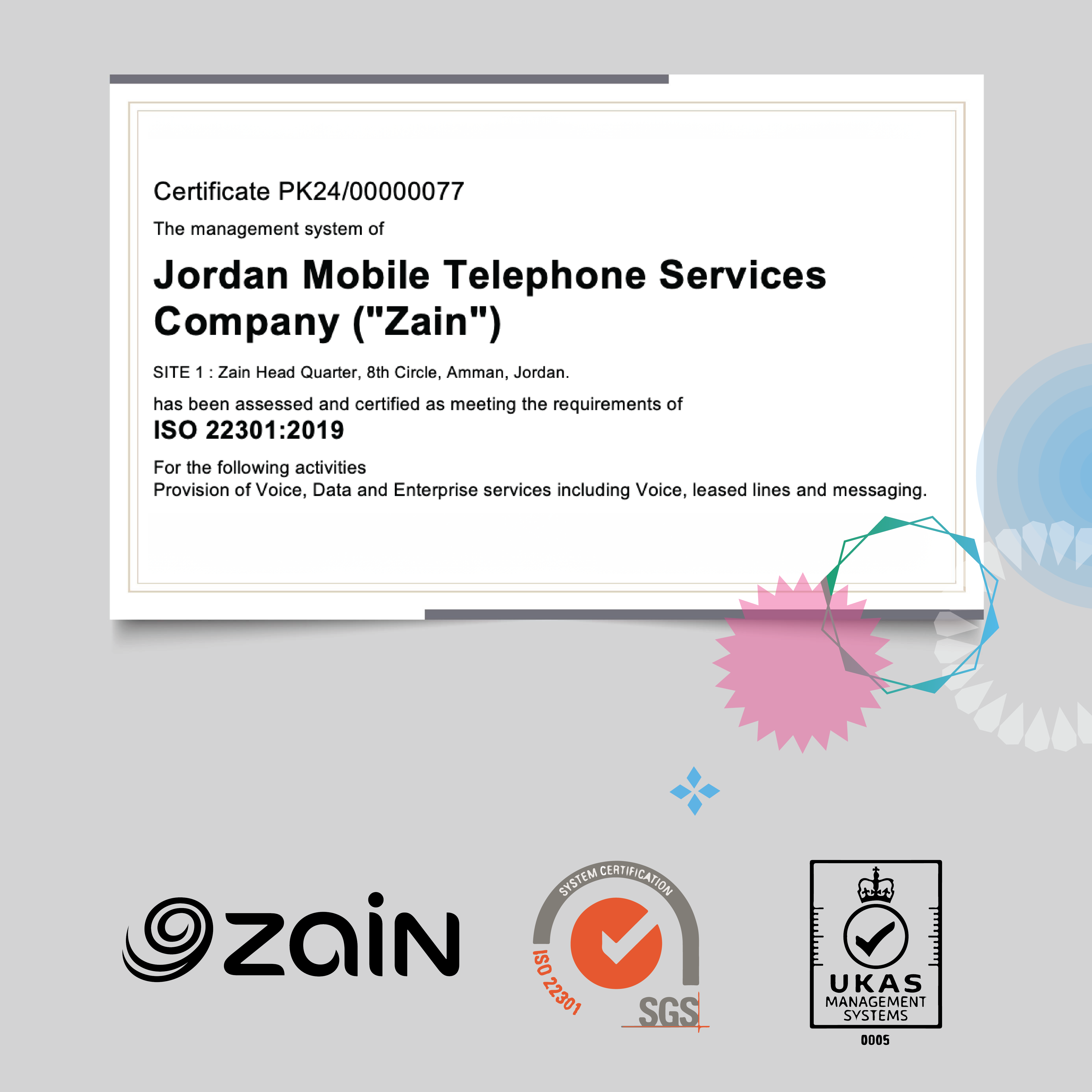 زين الأردن تنال شهادة "الآيزو" في إدارة استمرارية الأعمال