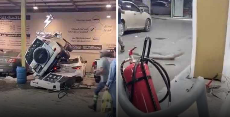 سيارة تقتحم محطة وقود وتقتلع ماكينة التعبئة في الرياض (فيديو)