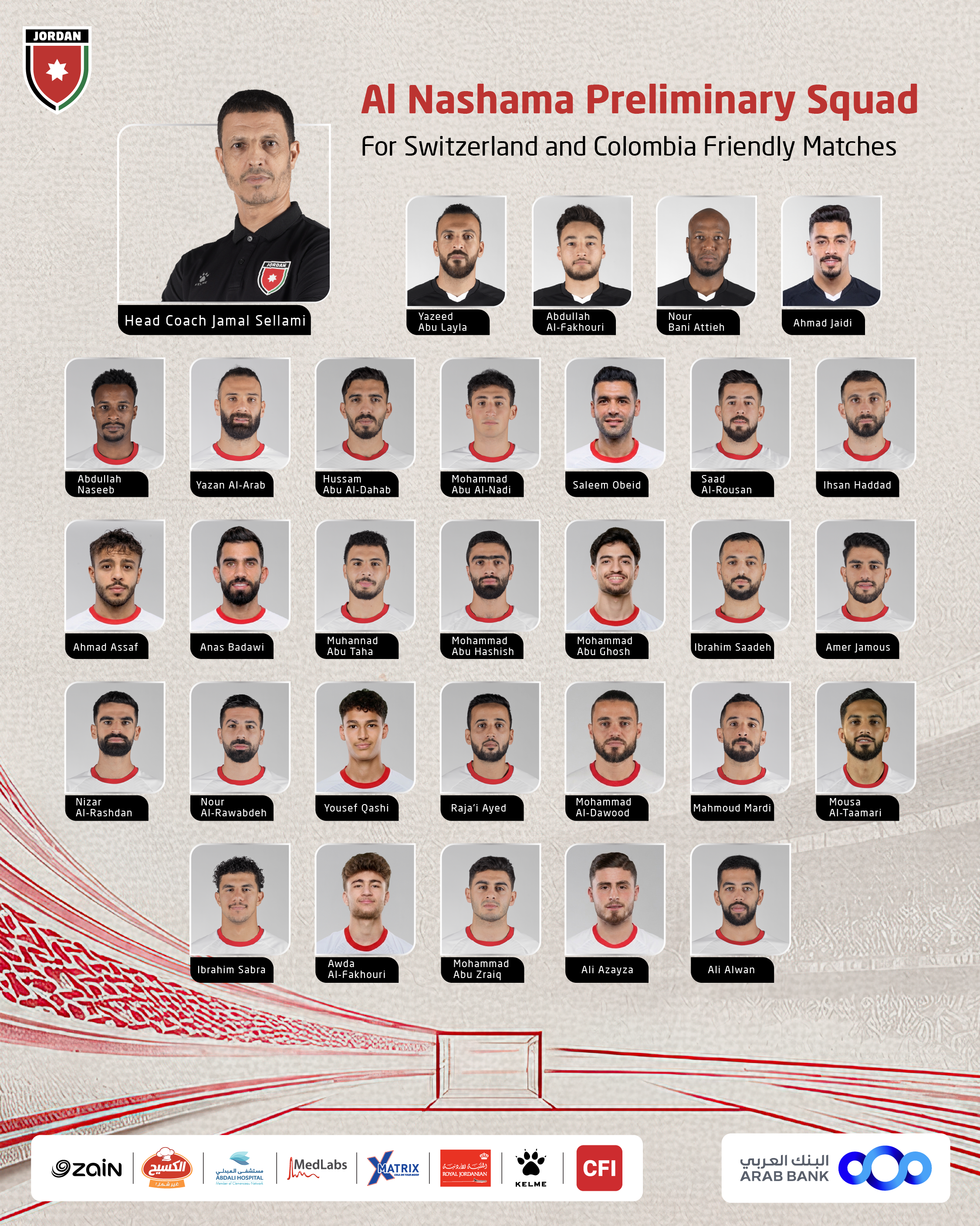 إعلان القائمة الأولية لمنتخب النشامى تأهبا لمواجهتي سويسرا وكولومبيا وديا