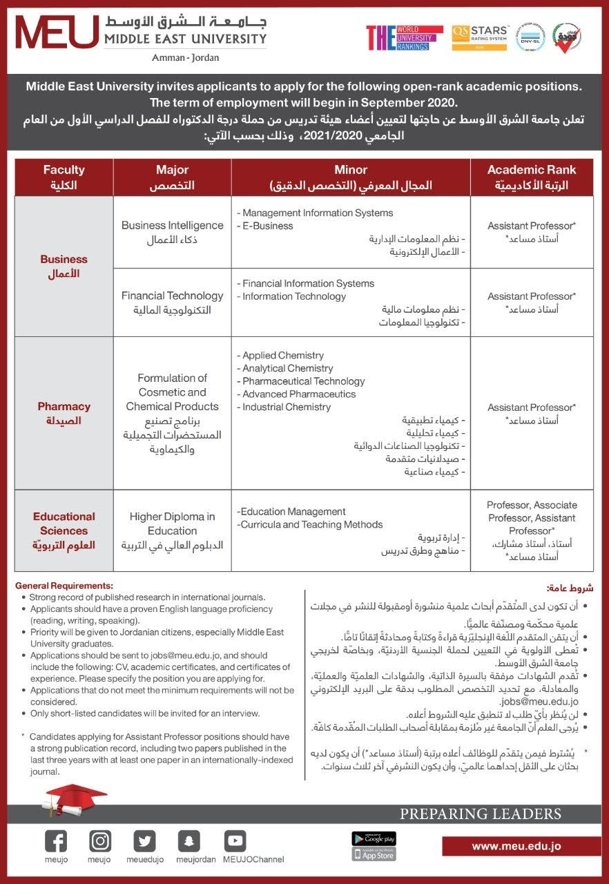 إعلان التوظيف الخاص بأعضاء الهيئة الأكاديمية للعام الجامعي 2021/2020