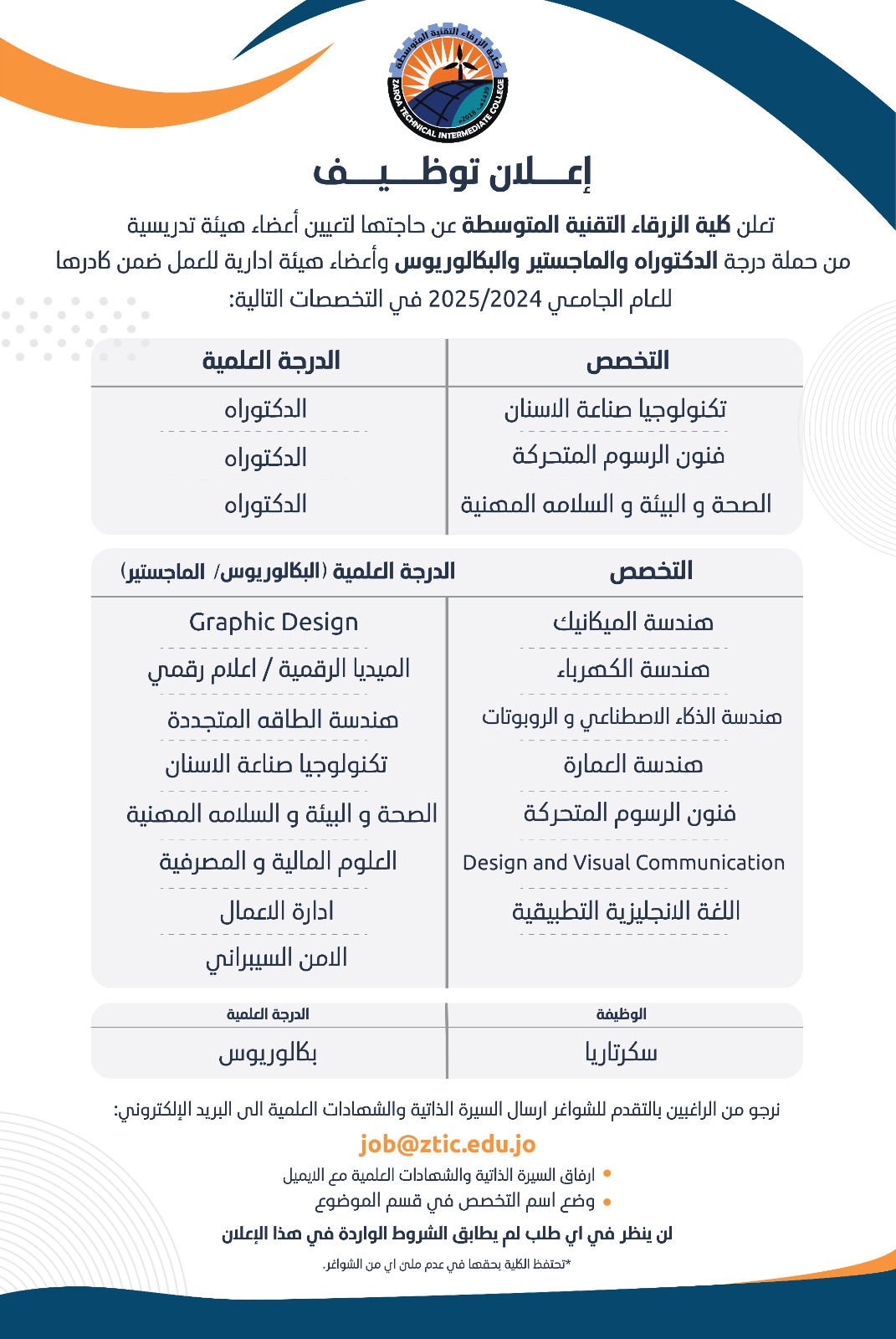 كلية الزرقاء التقنية المتوسطة تعلن حاجتها لتعيين اعضاء هيئة تدريسية