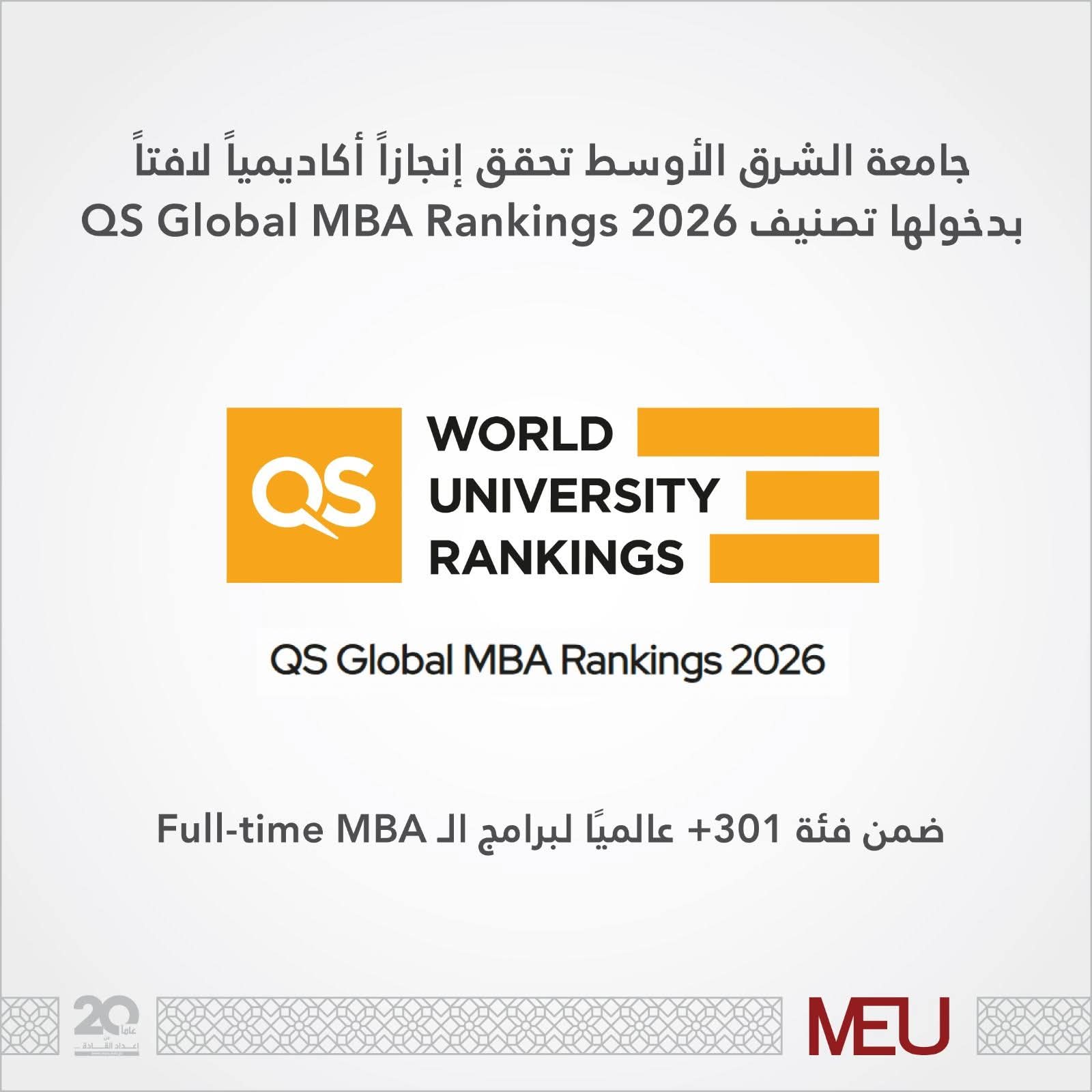 جامعة الشرق الأوسط تحقّق إنجازًا عالميًا بدخولها تصنيف QS Global MBA Rankings لعام 2026