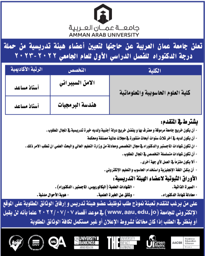 إعلان توظيف في جامعة عمان العربية 